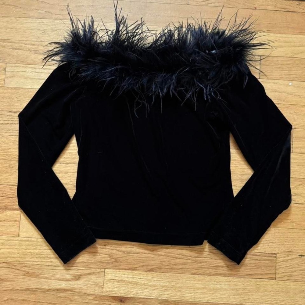 Vintage Cachet Velvet Blouse Women's Size Medium Natural Feather Black Goth Glam